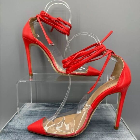 New Brother Vellies De Fleur Ankle Tie Pointed Toe Pumps Red Orange high heels 8 - Picture 3 of 8